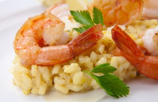 risotto, champagne, gamberi