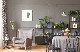 arredamento, soggiorno moderno, bianco grigio