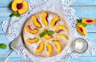 torta, pesche, padella