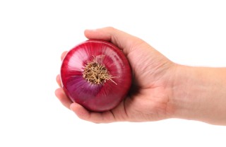 Una mano che regge una cipolla come togliere la puzza di cipolla dalle mani, puzza cipolla mani