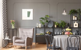 arredamento, soggiorno moderno, bianco grigio
