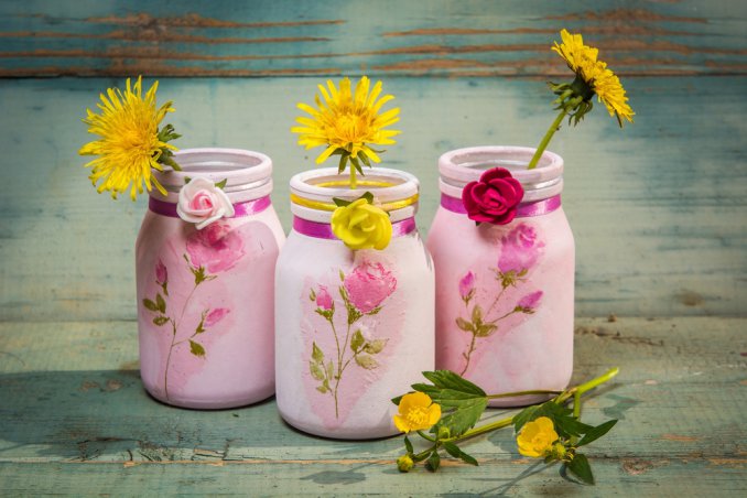 portafiori fai da te, decoupage vetro, decoupage barattoli