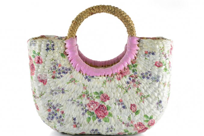 decorare borsa paglia, borsa di paglia decoupage