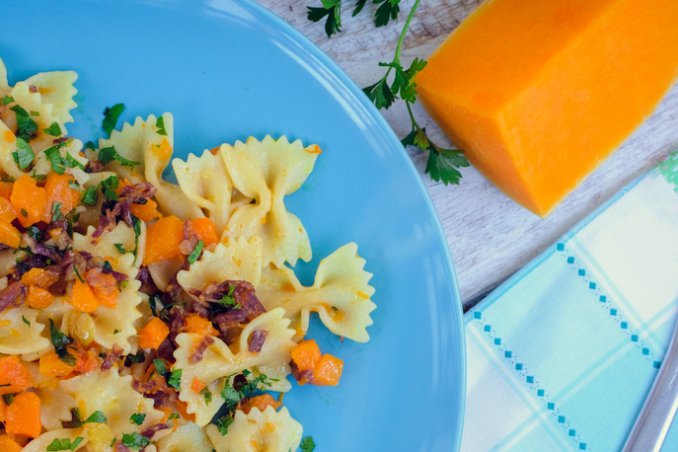 pasta zucca ricetta, pasta zucca panna pancetta